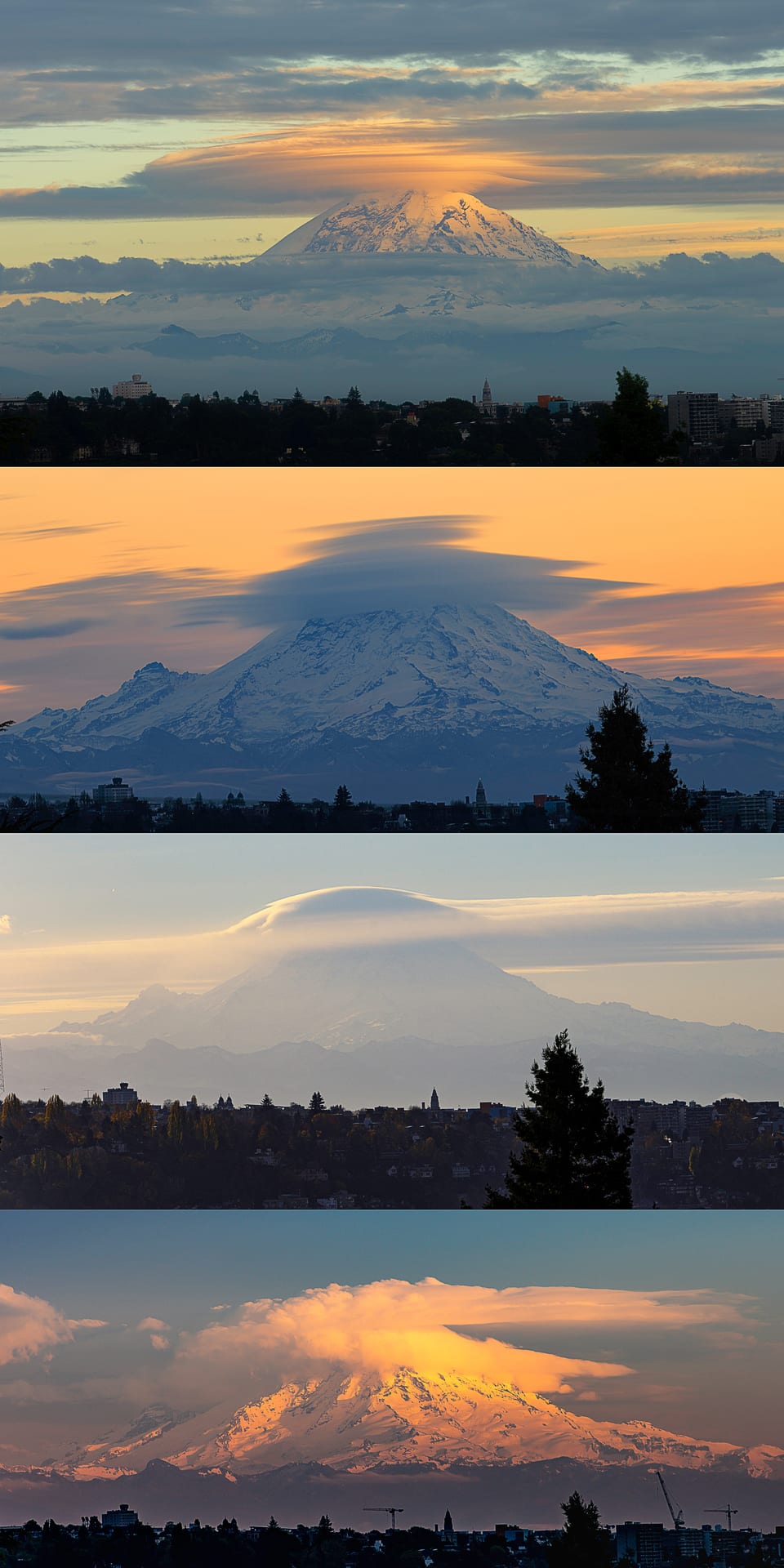 Four views of Mount Rainier captured from the Fremont Bliss rooftop — showing the mountain across different times and light conditions, including lenticular cloud formations